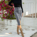 Women's Gray Split Button Front Denim Midi Skirt