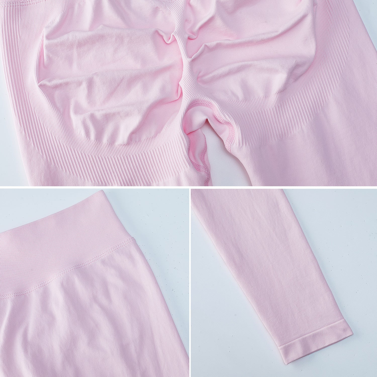Collage of a pink sweater with close-up details on a light blue background