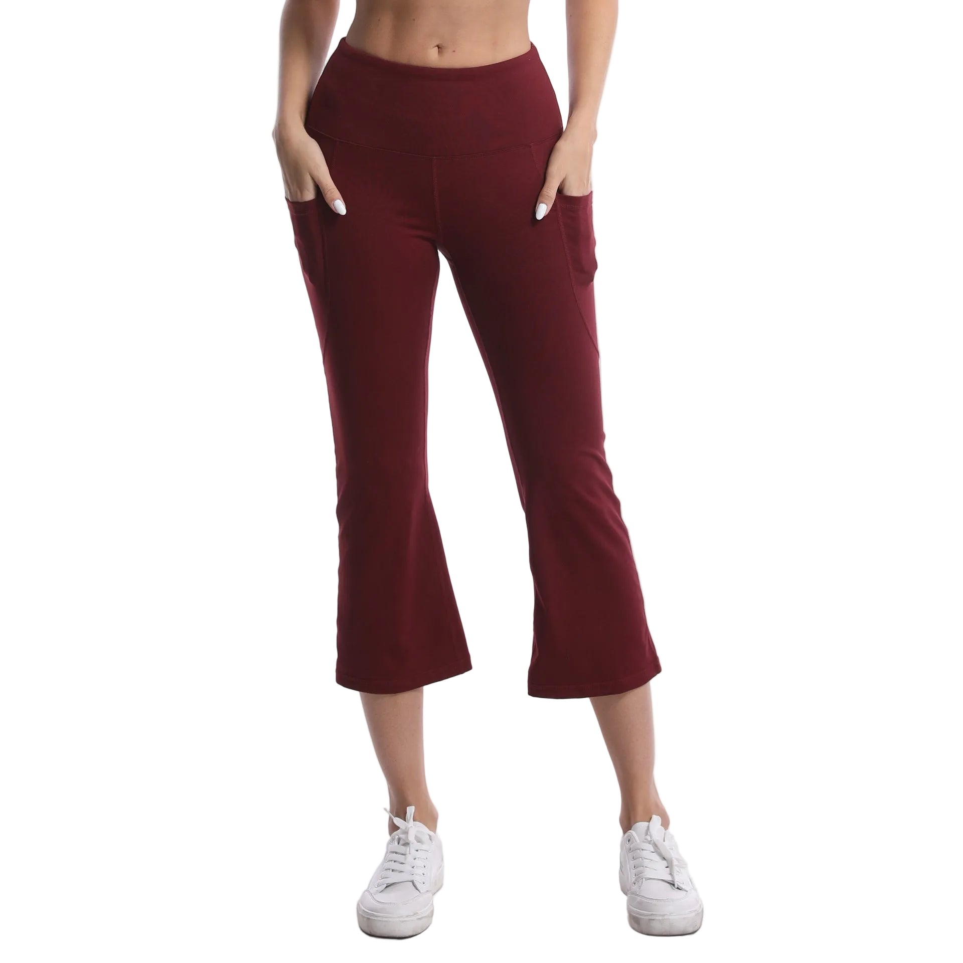 Maroon pants worn by a person on a white background