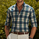 Men's Green Navy Plaid Long Sleeve Casual Shirt