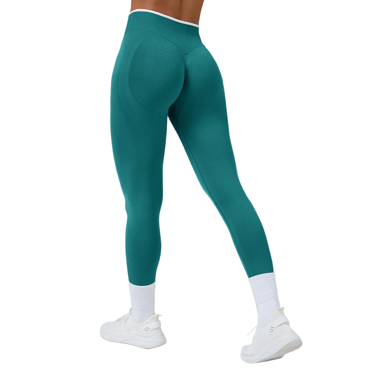 Teal leggings worn by a person on a gray background