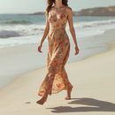 Women's Beige Tropical Print Spaghetti Strap Maxi Dress