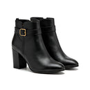 Women's Black Buckle Accent Block Heel Short Boots