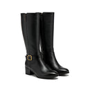 Women's Black Knee High Buckle Detail Block Heel Boots