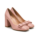Women's Blush Pink Bow Trim Block Heel Slip-On Pumps