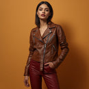 Women's Chestnut Brown Belted Moto Jacket