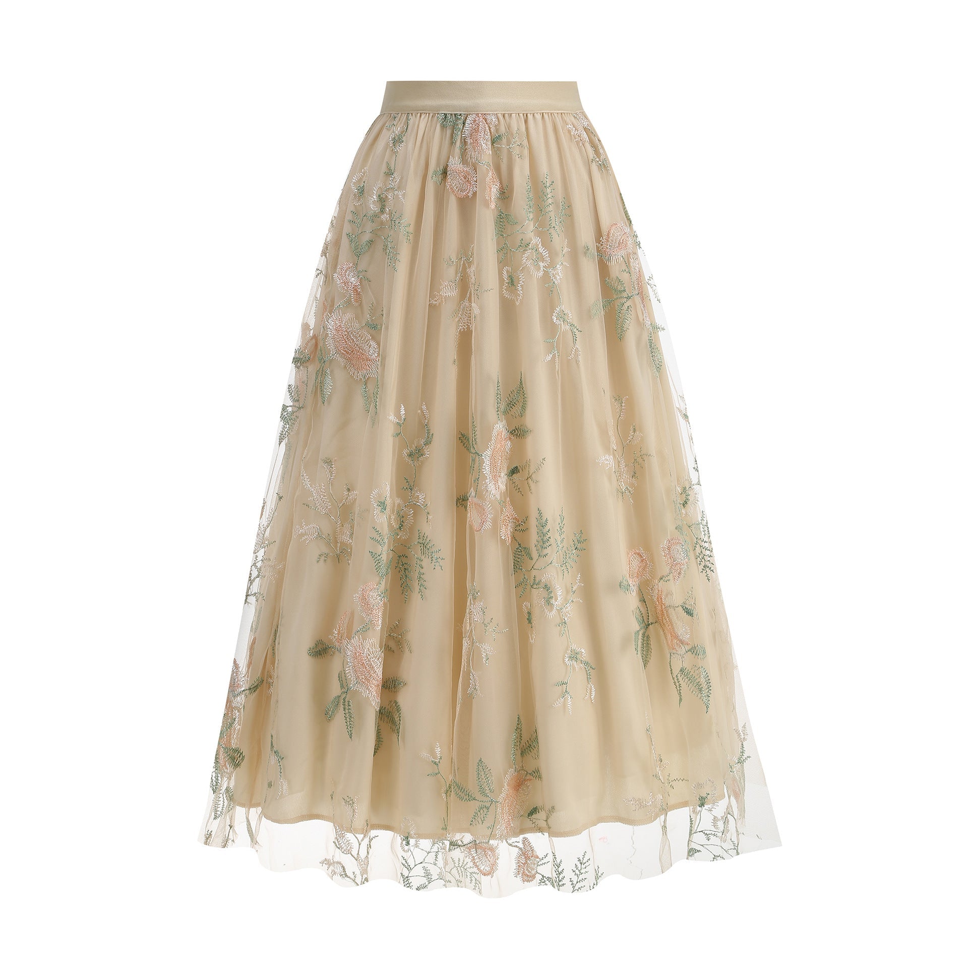 Beige floral embroidered skirt on a white background