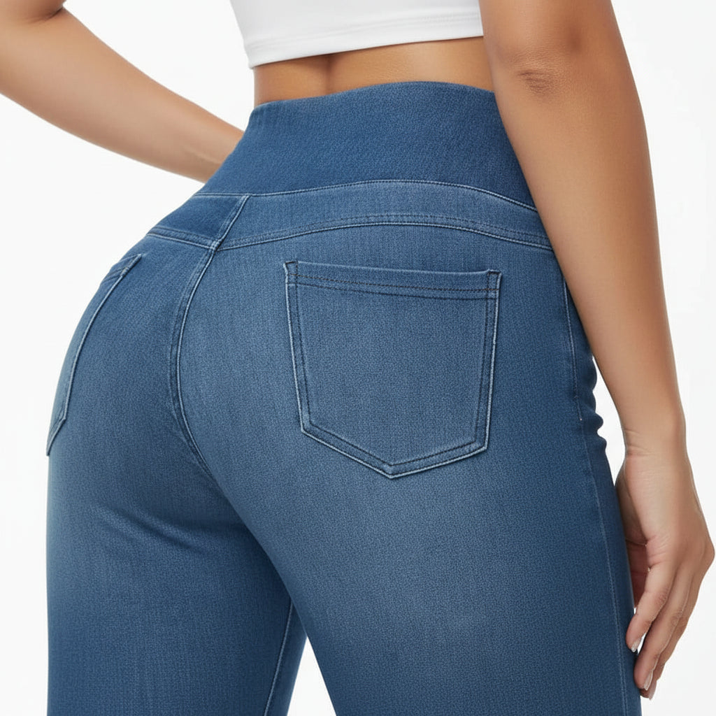 Close-up of blue jeans with a pocket on a white background