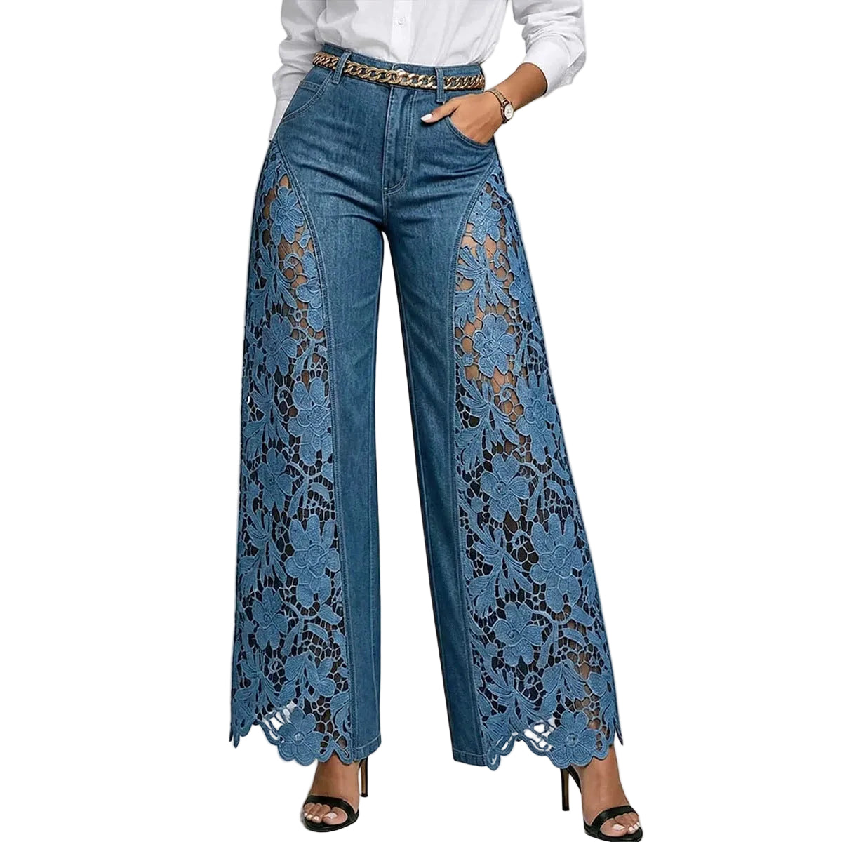 Blue lace jeans worn by a person on a white background