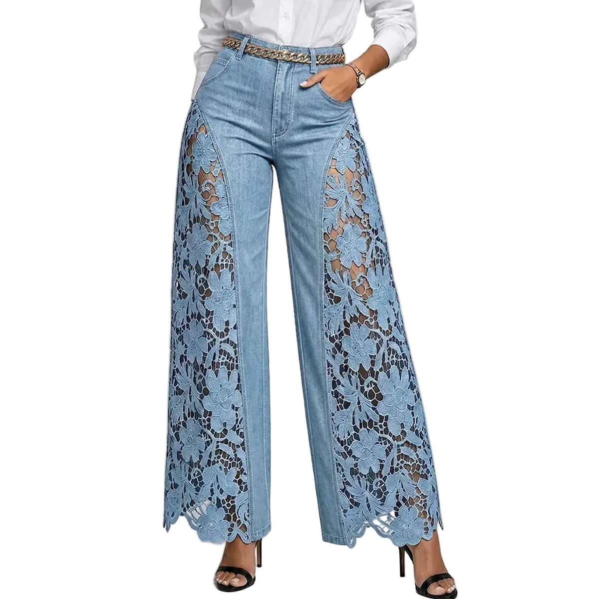 Light blue jeans with lace detailing on a white background
