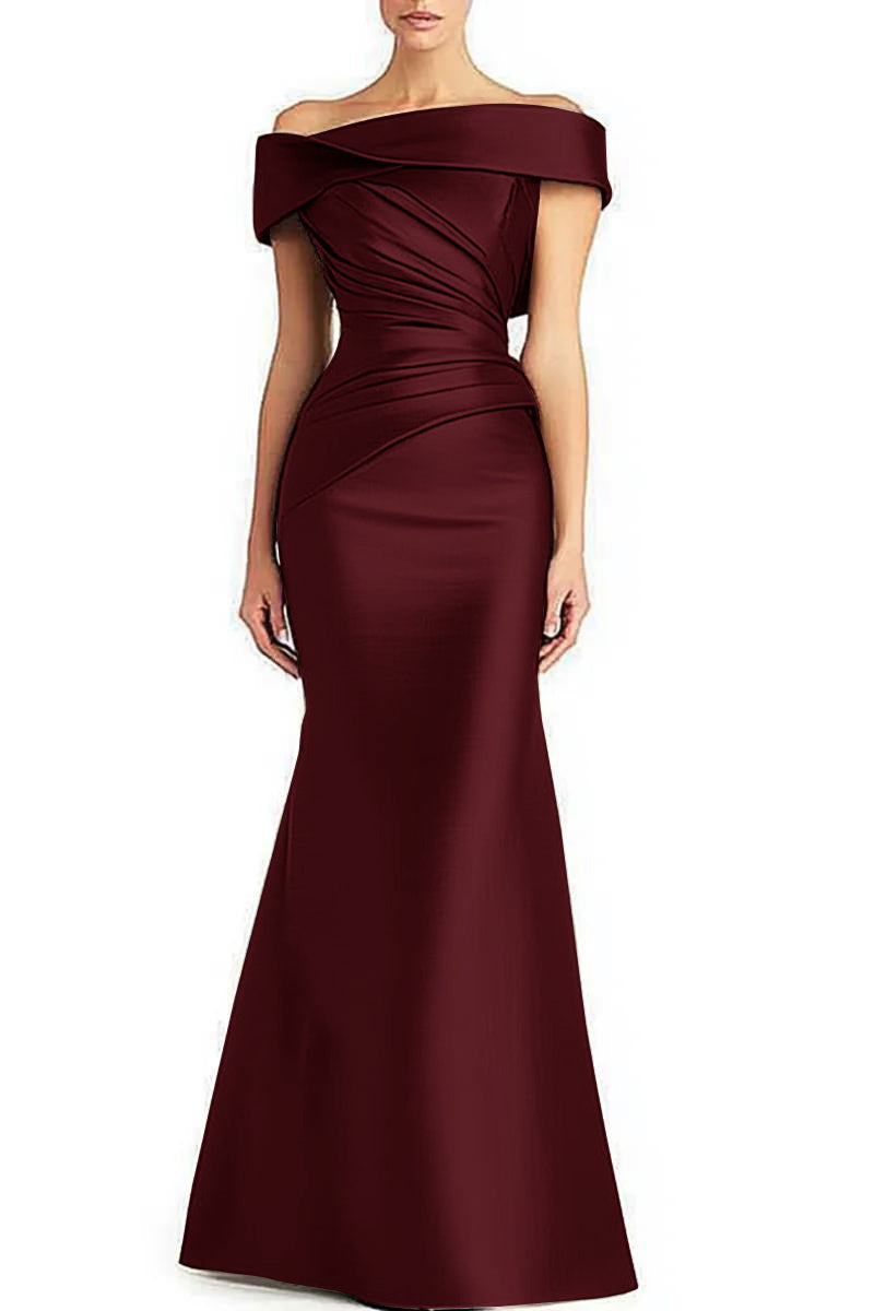 Burgundy off-shoulder gown on a white background