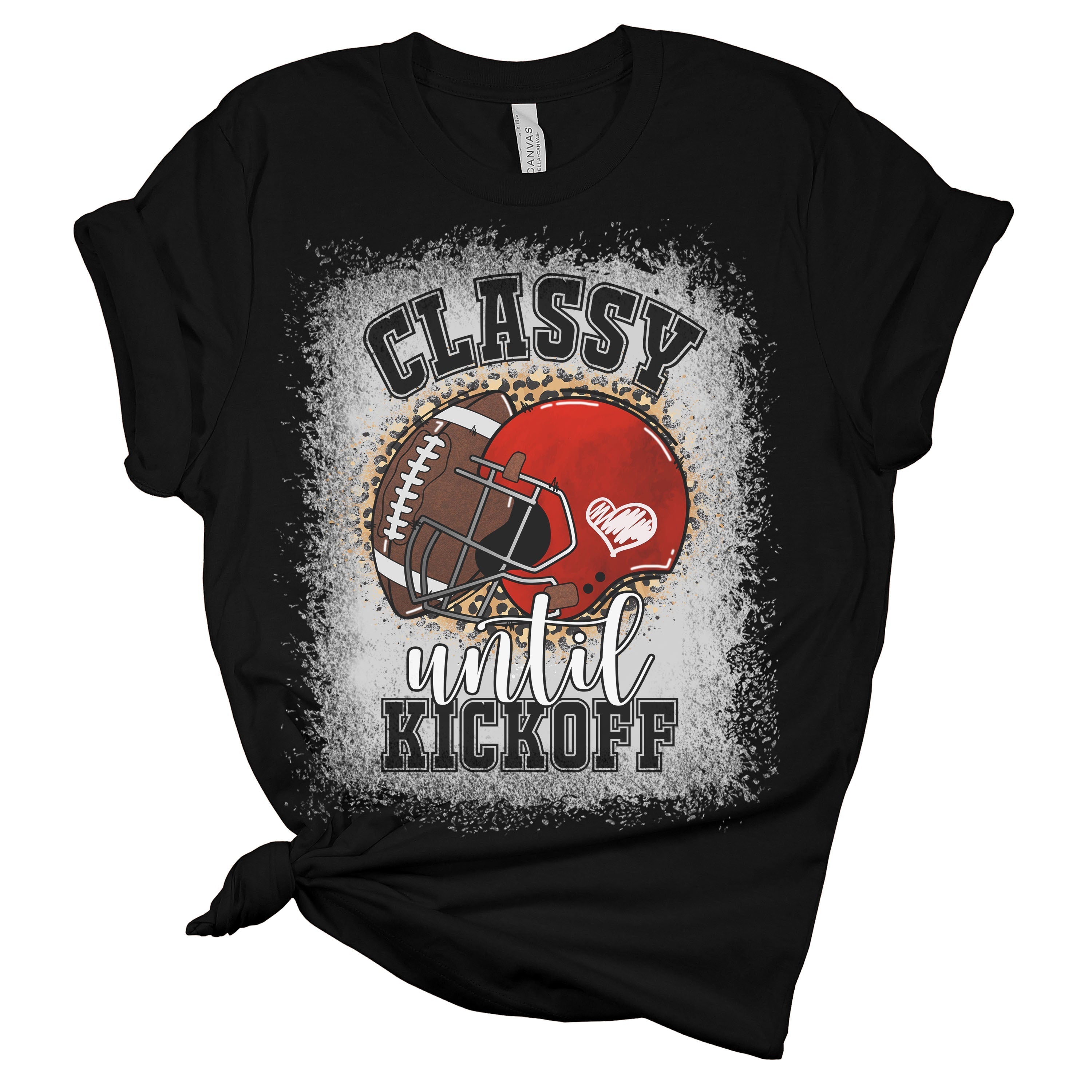 Black t-shirt with football helmet and ball graphic and text 'Classy until kickoff' on a white background