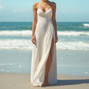 Women's White Sleeveless V-Neck Side Slit Maxi Dress