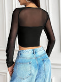 Elegant Fitted Patchwork Square-neck T-shirt Fashionable And Versatile Short Top