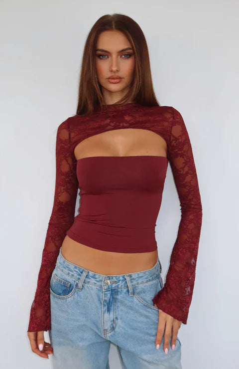 Womens Mature Solid-Colored Lace-Patchwork Chest-Enhancing Tight-Fit Midriff-Baring Top